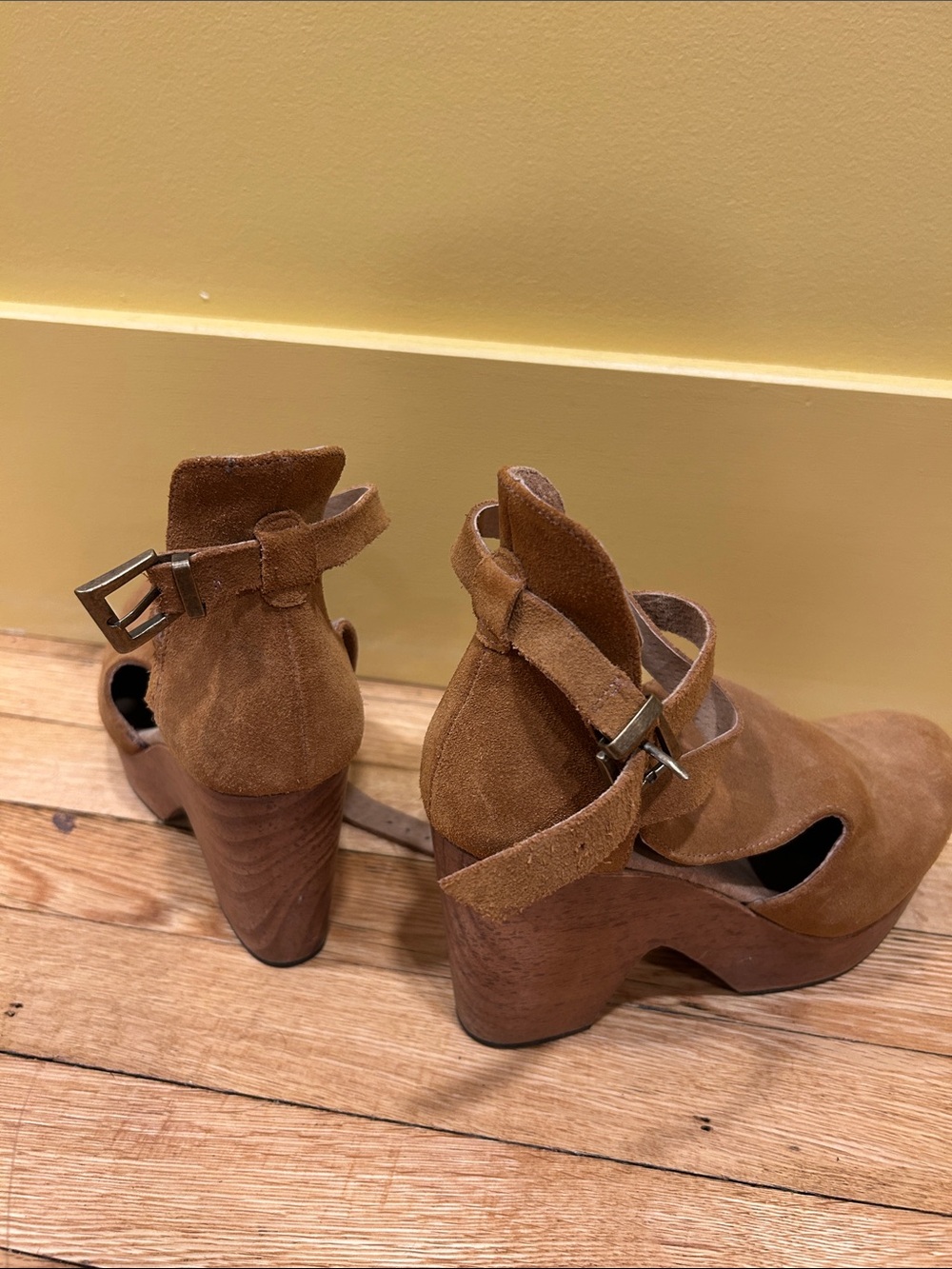 Free People Tan Suede Cutout Platform Heels with Ankle Strap - Picture 1 of 2
